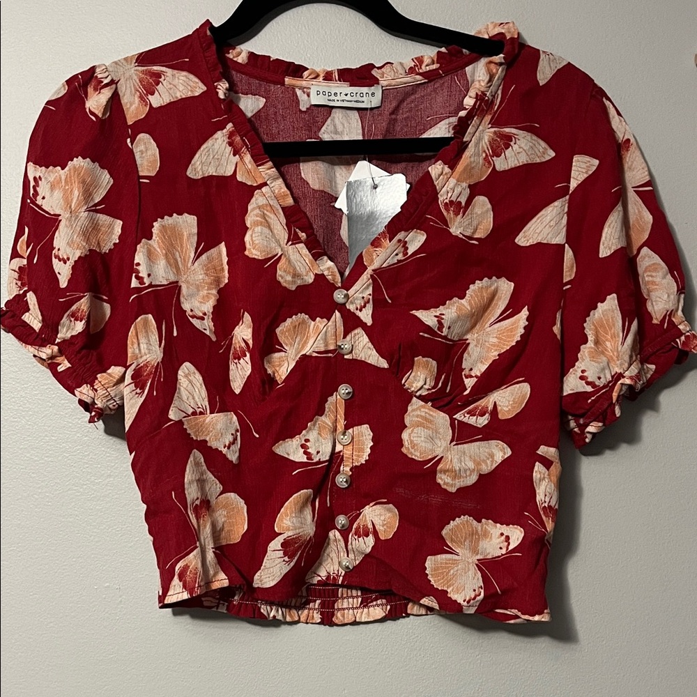 Paper Crane Red Butterfly Print Cropped Top